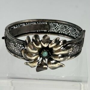 Silver Filigree Hinged Bracelet Flower Blue Green Cabochon 24g